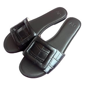 AD & Daughters Noleen Croc Embossed Black Leather Slide Sandals